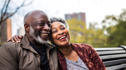Happy senior african american couple sitting on a park bench smiling at each other