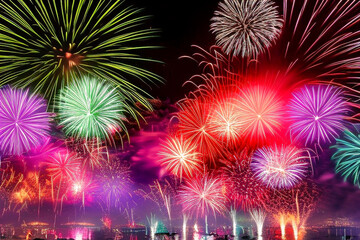 Obraz premium happy new year fireworks over a city and lake