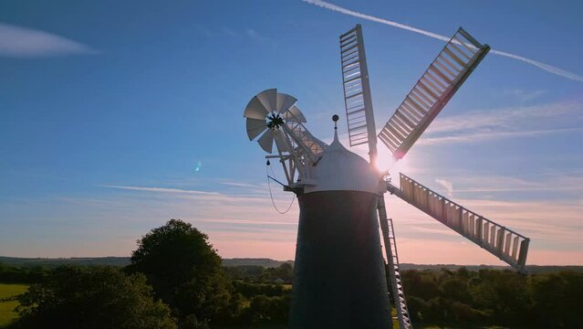 Waltham windmill. Aerial drone video clip of the historical working windmill. Only six sailed windmill in the UK