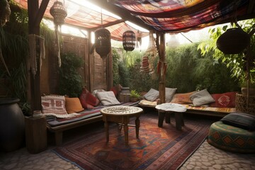 an outdoor setting with a comfortable traditional shelter adorned with rugs and cushions. Generative AI