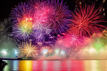 Fototapeta na wymiar happy new year fireworks over a city and lake