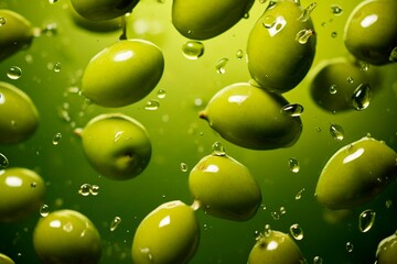 Olives in olive oil  on a green background. Generated AI