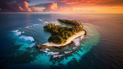 Aerial photo of a beautiful island surrounded by stunning coral in the Pacific Ocean