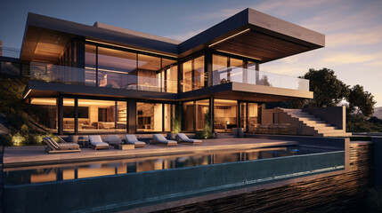 Fototapeta premium Modern house with swimming pool at sunset. Luxury villa