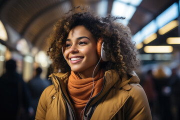 smiling hispanic woman with curly hair walking on subway station while listening to music with...