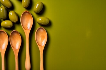 Olives in olive oil on a wooden spoon on a green background. Generated AI - obrazy, fototapety, plakaty