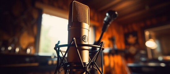 recording studio microphone and pop shield on mic. Performance and show in the music business equipment. - obrazy, fototapety, plakaty