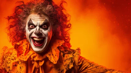 Fotobehang Portrait of a evil creepy clown makeup and costume for halloween celebration © Malambo/Peopleimages - AI