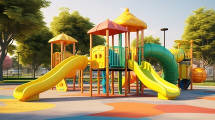 Cheerful children enjoying yellow slide in community park.