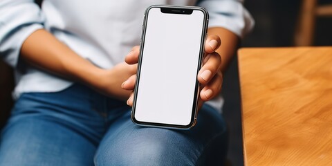a hand holding a mobile phone displays a blank screen on a table, with a minimalist background style, ai generative.
