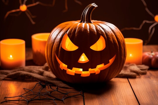 Halloween pumpkin with candles and spider