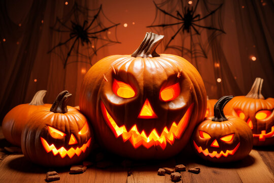 Halloween pumpkin with candles and spider