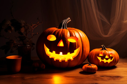 Halloween pumpkin with candles and spider