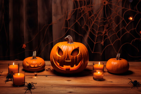Halloween pumpkin with candles and spider