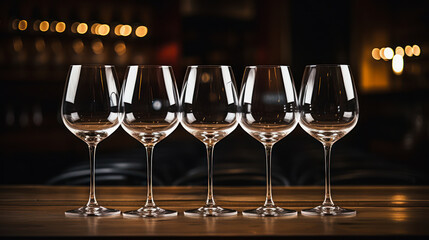 Five empty wine glasses with ligts behind on bar table