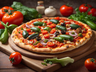 Vegetarian pizza tomato sauce and plenty of fresh vegetables