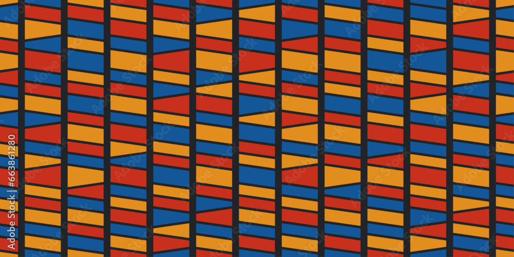 Poster seamless pattern of columns divided diagonally along their entire length. abstract red orange and bl