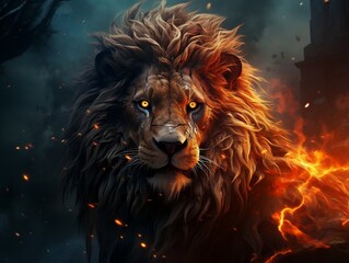 Fototapeta premium Fire lion art on abstract background generative ai