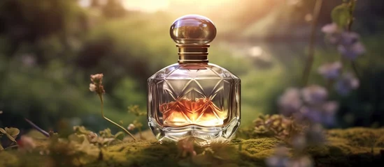 Foto op Plexiglas glass bottle of perfume on stone with natural background. focused sunset and sky in the background. Close-up low angle view. Concept of selective perfumery. © Beny