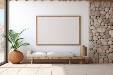 Coastal interior design of modern entrance hall with empty blank mock up frame, stone tiles wall
