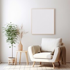 lounge chair and wood stump side table with empty blank mock up frame, Rustic minimalist home interior
