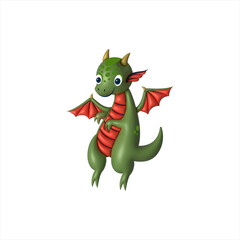 Little green dragon cartoon character. Funny animal, 3d vector icon