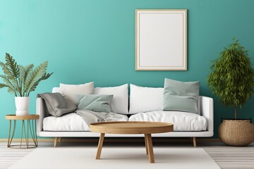 Rustic round table near white sofa against turquoise wall with empty blank mock up frame, Scandinavian home interior