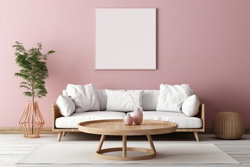 Rustic round table near white sofa against pink wall with empty blank mock up frame, Scandinavian home interior