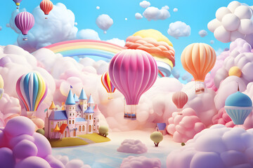 Colorful air balloons in sky, pink clouds, rainbow  3D background
