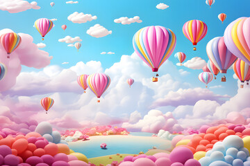 Colorful air balloons in sky, pink clouds, rainbow  3D background