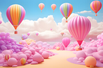 Colorful air balloons in sky, pink clouds, rainbow  3D background