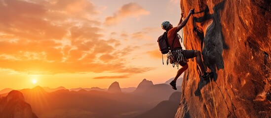 Adventurous Extreme Sport of Rock Climbing Man Rappelling from a Cliff. Mountain Landscape Background with sunset light - obrazy, fototapety, plakaty