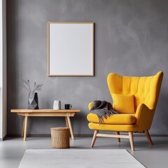 Wooden stump table near yellow wing chair with empty white mock up frame, Scandinavian interior design