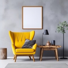 Wooden stump table near yellow wing chair with empty white mock up frame, Scandinavian interior design