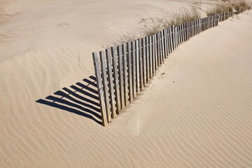 Sand dune fence at Yyteri beach in spring, Pori, Finland.