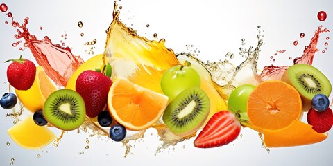 various fruits and water splashes on a white background, with bold colors, strong lines, and smooth, generative ai.