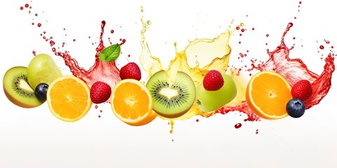 various fruits and water splashes on a white background, with bold colors, strong lines, and smooth, generative ai.