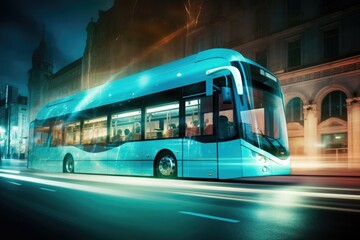 Obraz premium Bus in movement with motion blur. A crowded street scene in downtown