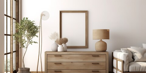 sofa, table and frame, light brown style, minimalist design, generative ai.