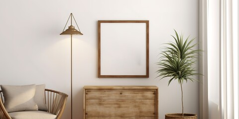 sofa, table and frame, light brown style, minimalist design, generative ai.