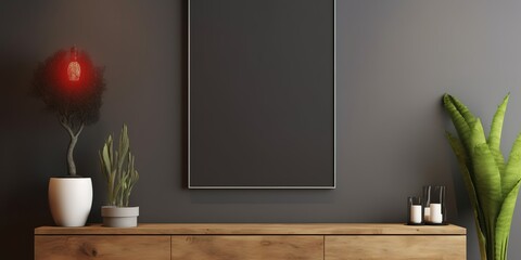 black frame on black wall with flower pots, minimalist color field style, dark white and grey, realistic interior,generative ai.