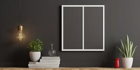 black frame on black wall with flower pots, minimalist color field style, dark white and grey, realistic interior,generative ai.