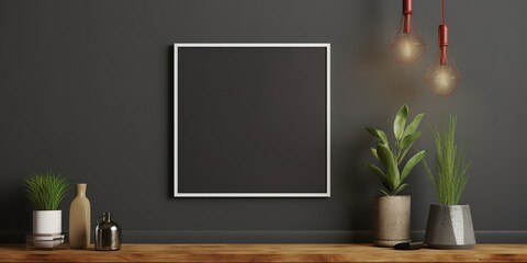 black frame on black wall with flower pots, minimalist color field style, dark white and grey, realistic interior,generative ai.