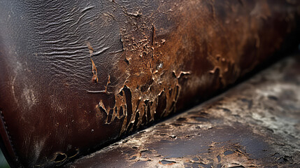 Closeup of chair with dirty stained upholstery, cracks. Restoration and upholstery of old furniture. 