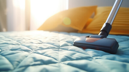Closeup of new vacuum cleaner, cleaning the bed mattress. Modern technology for a clean home. Prevention of bed bugs. - obrazy, fototapety, plakaty