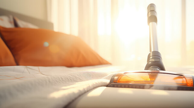 Closeup of new vacuum cleaner, cleaning the bed mattress. Modern technology for a clean home. Prevention of bed bugs.
