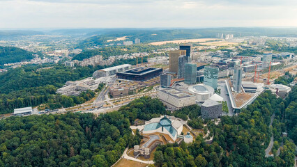 Luxembourg City, Luxembourg. View of the Kirchberg area with modern houses, Aerial View - obrazy, fototapety, plakaty
