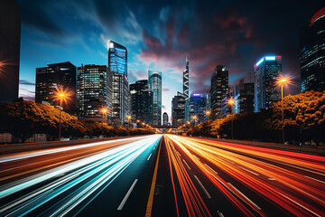 Fototapeta na wymiar modern city at night with blurred traffic 