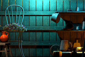 Grunge autumn background with wooden fence, chair and decoration with pumpkins. 3D render illustration.