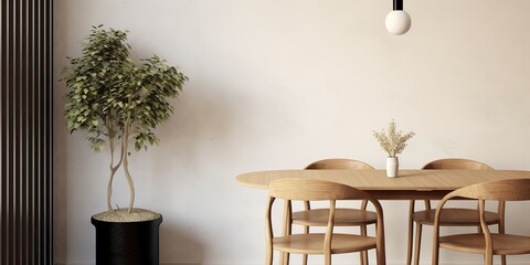3D rendering image of a dining table with chairs, in a minimalist style, generative ai.